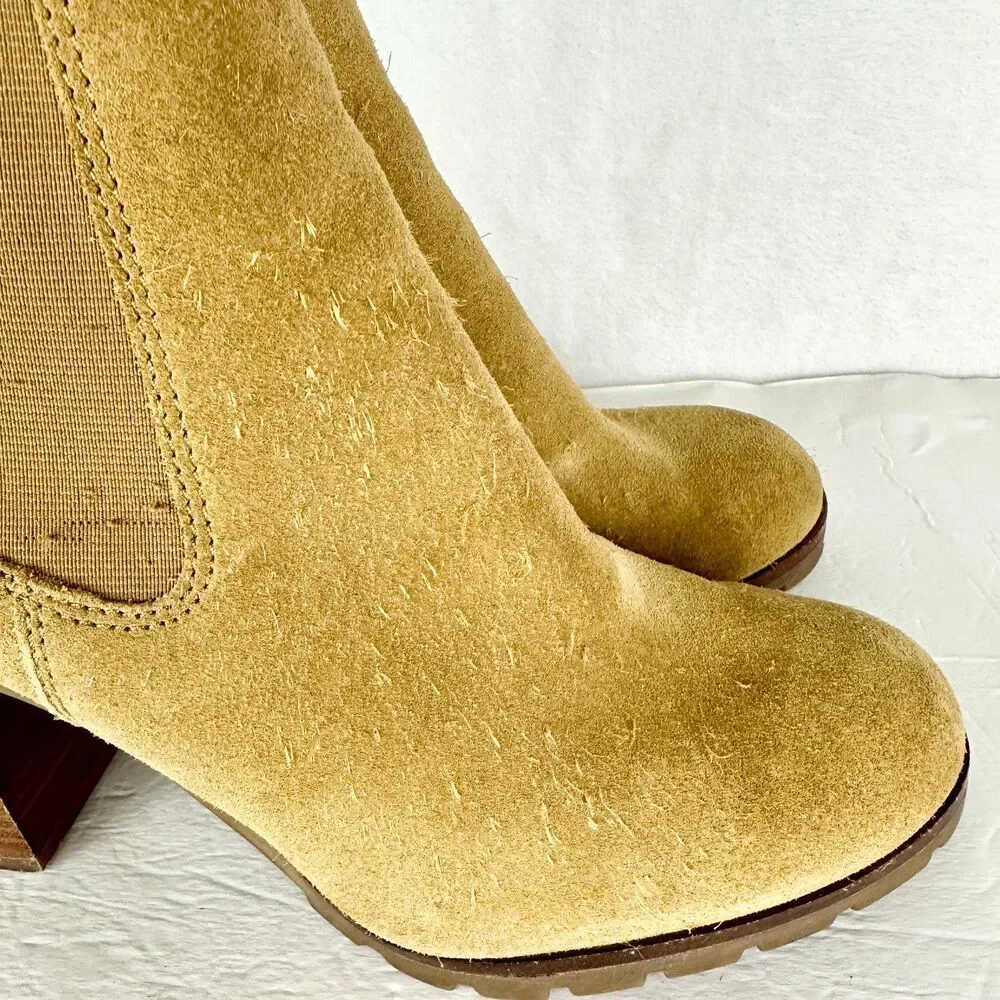 Tory Burch Stafford Suede Ankle Boots Size 8 Tan Beige Pull On Wood Block Heel